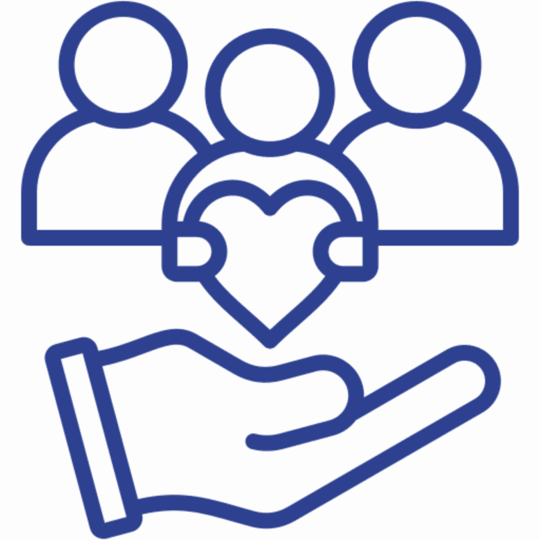 Three people with heart and hand icon.