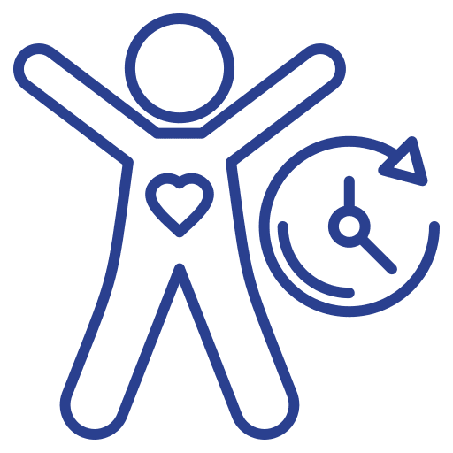 Human figure with heart and clock icon.